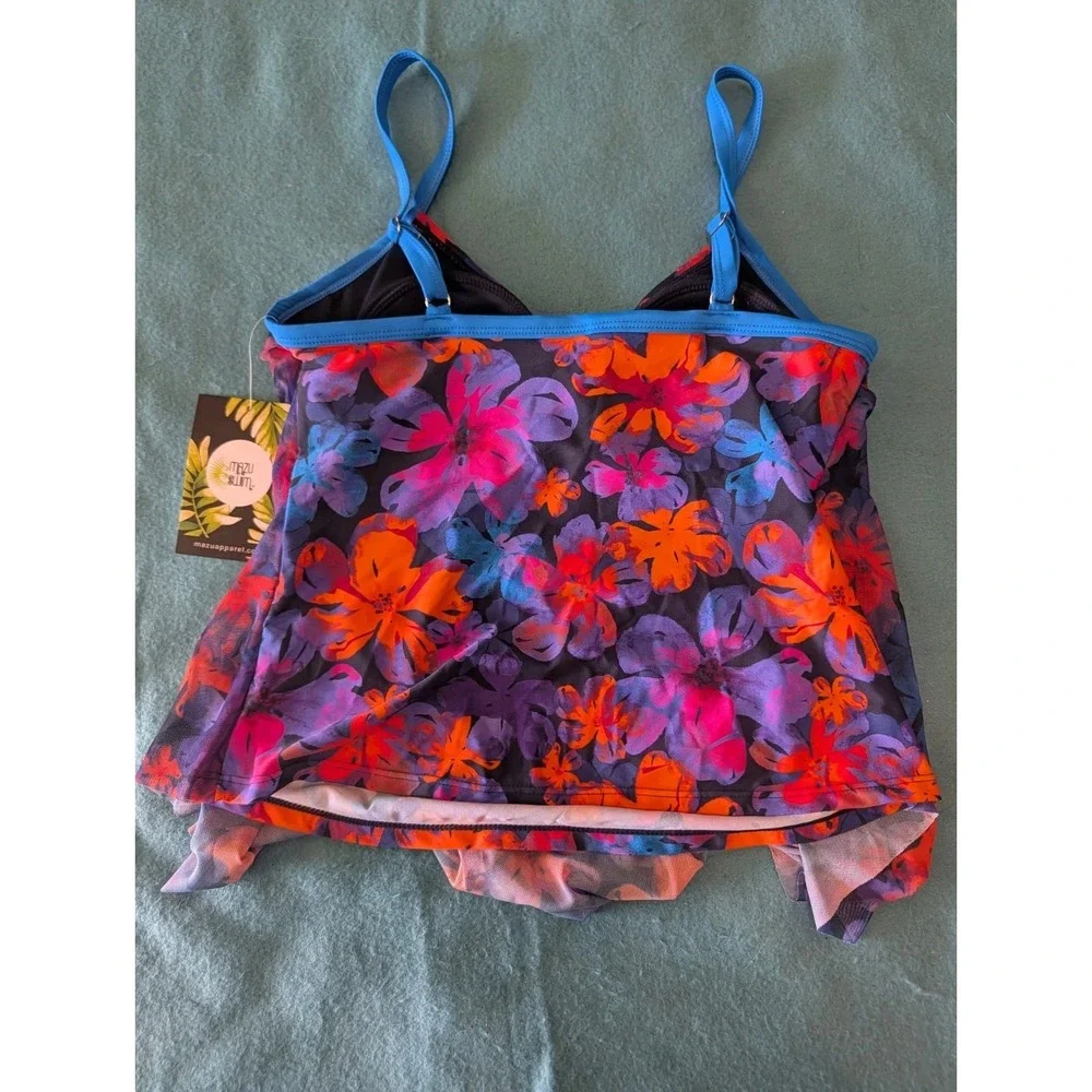 NWT Mazu Swim Tankini Top Drape Tiered Mesh Swimwear Size 8 Abstract Floral